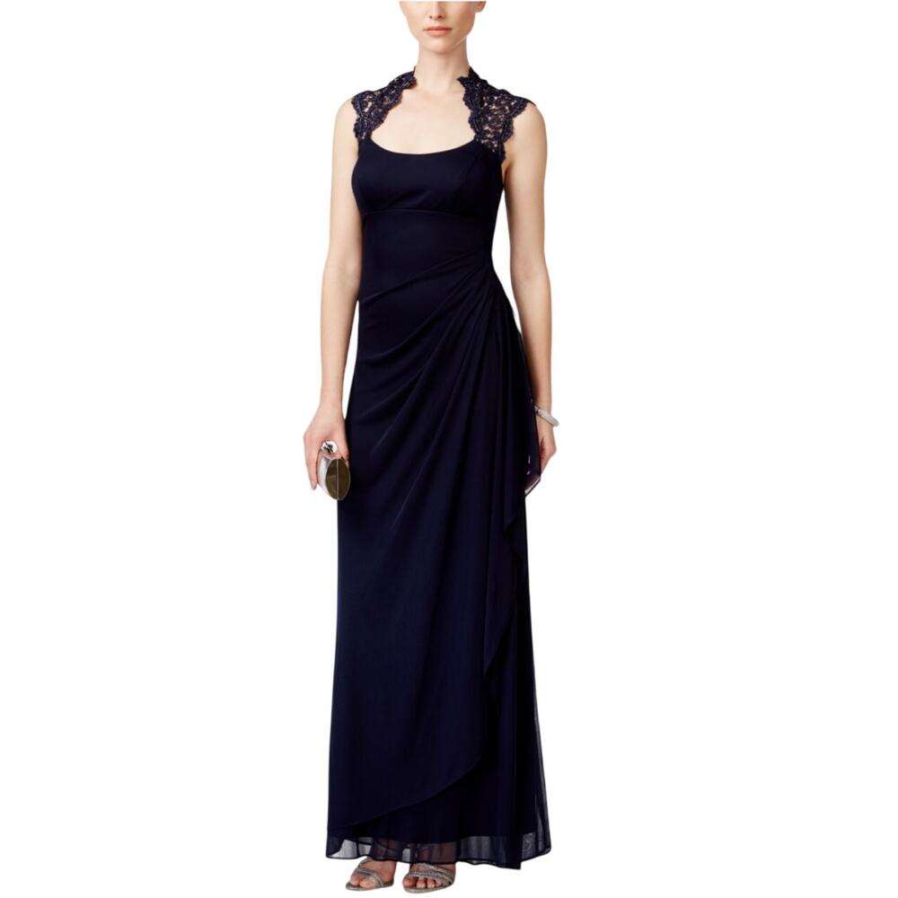 XSCAPE Chiffon Lace Trim Collar Short Sleeve Evening Gown Blue Size 14P Dress